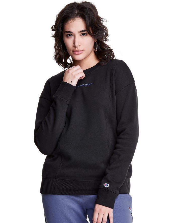 Champion Dame Sweatshirt Sort - Fleece Crew - Danmark ZOF-589623